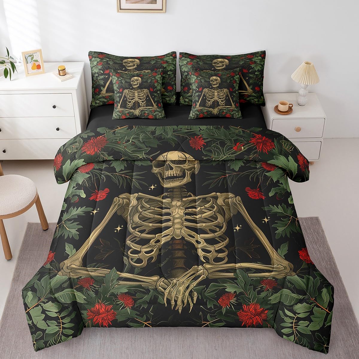 Homewish Gothic Skeleton Reversible Comforter Set 7 Piece King Size,Stars Skull Print Romantic Floral Bed Sheet Set Red Flowers Green Leaves Plant Bedding Set with Comforter,Fitted & Flat Sheet