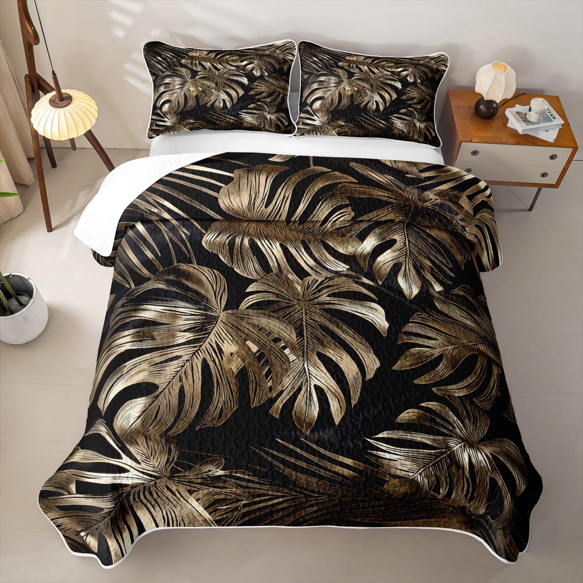 Erosebridal Palm Leaves Quilt Set Plant Branches Quilt Twin Hawaiian Tropical Theme Quilted Bedspread Black Gold Bedding Coverlet with 1 Pillowcase