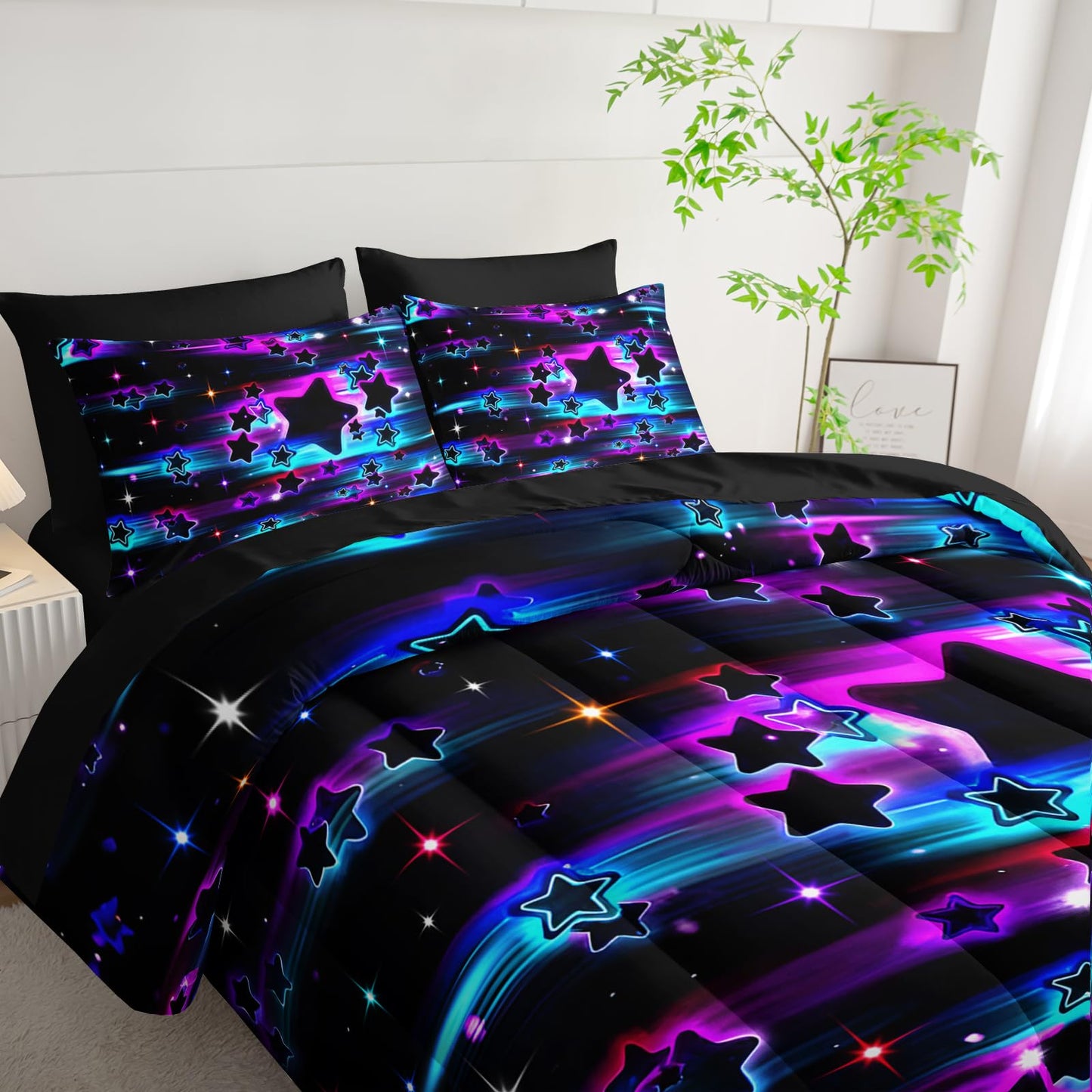 Nttopship Purple Galaxy Bedding Set Full Size 7Pieces,Star Comforter Bed in a Bag Twin Galaxy Printed Space Themed Comforter Set for Girls All Seasons with Pillowcases,Flat, Fitted Sheet