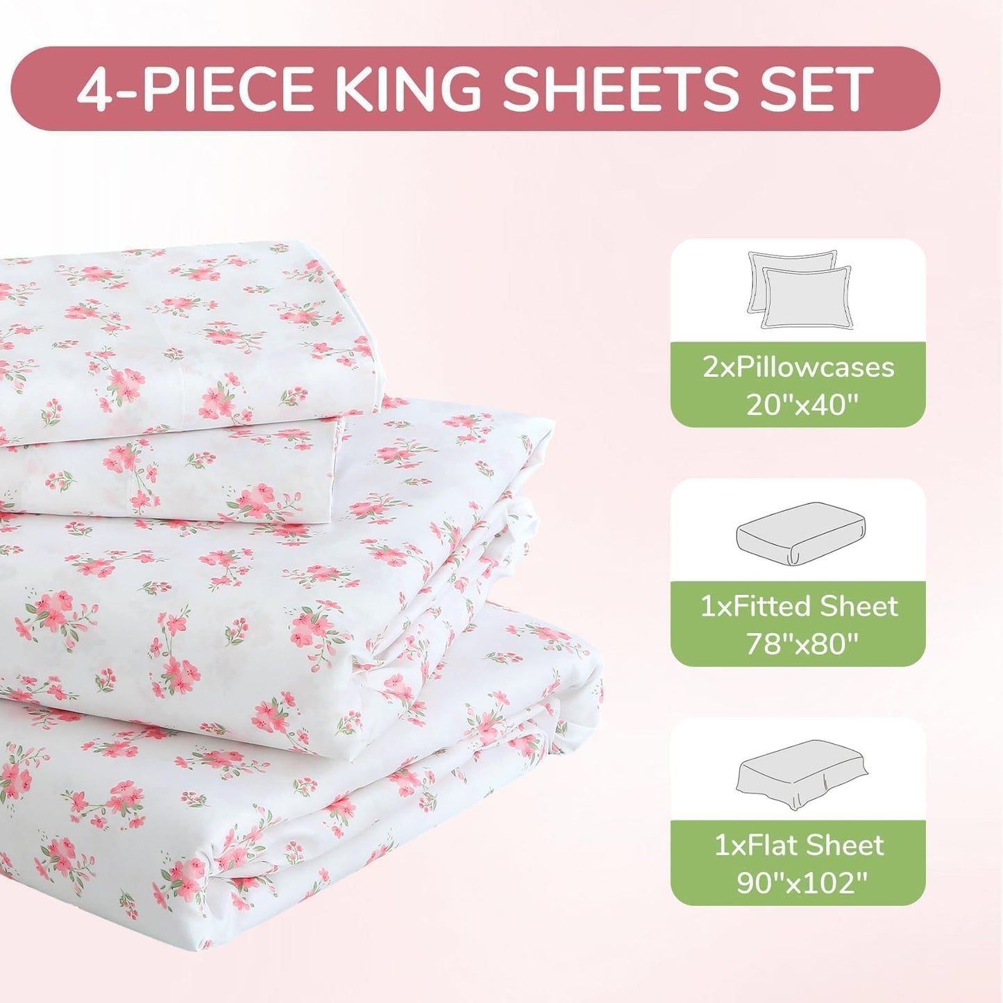 MUXHOMO King Size 4 Piece Sheet Set, Soft Breathable Bed Sheet Set for Bedroom with Deep Pocket Up to 16", Wrinkle-Free & Cooling Bedding for Oeko-TEX Certified - Blossoms Pink