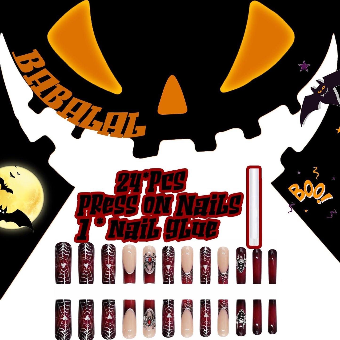 BABALAL Long Square Press on Nails - Goth Dark Black Red Metallic Spider Skull Charm Design Halloween Luxury Acrylic Nails Squoval 24Pcs