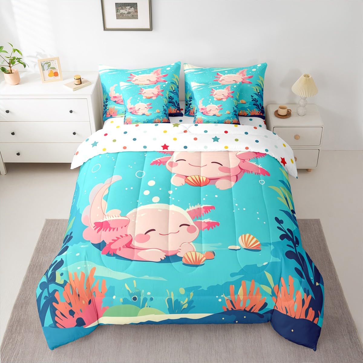 Erosebridal 7 Pieces Kawaii Pink Axolotls Bed in A Bag for Teen Girl - Queen Size Kids Blue Cartoon Ocean Sea Comforter Set with Sheets Girly Cute Animal Bedding Set Axolotls Marine Life Bed Sets