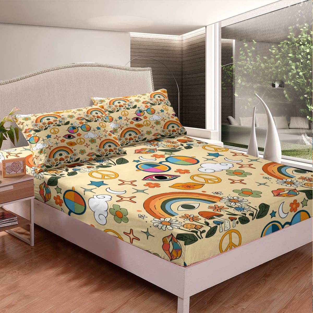 Castle Fairy Retro 70s Hippie Style Bed Sheet Set Twin Size,Mushroom Fitted Sheet + 1 Flat + 1 Pillow Sham,Rainbow Floral Stars Moon Bedding Set for Kids Boys Xmas Gift, Soft Fabric