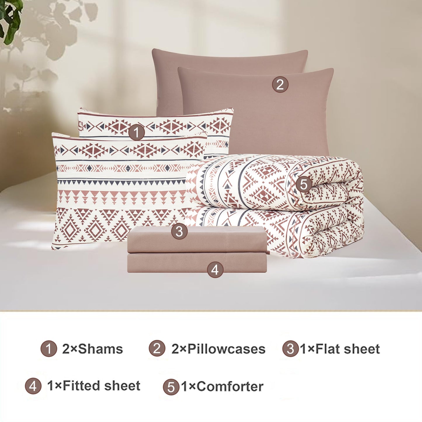 Geniospin Queen Comforter Set - 7 Pieces Reversible Bedding Set, Boho Bed in A Bag, Lightweight Soft Aztec Bedding, All Season Bed Comforter Set with Sheets, Pillowcases & Shams