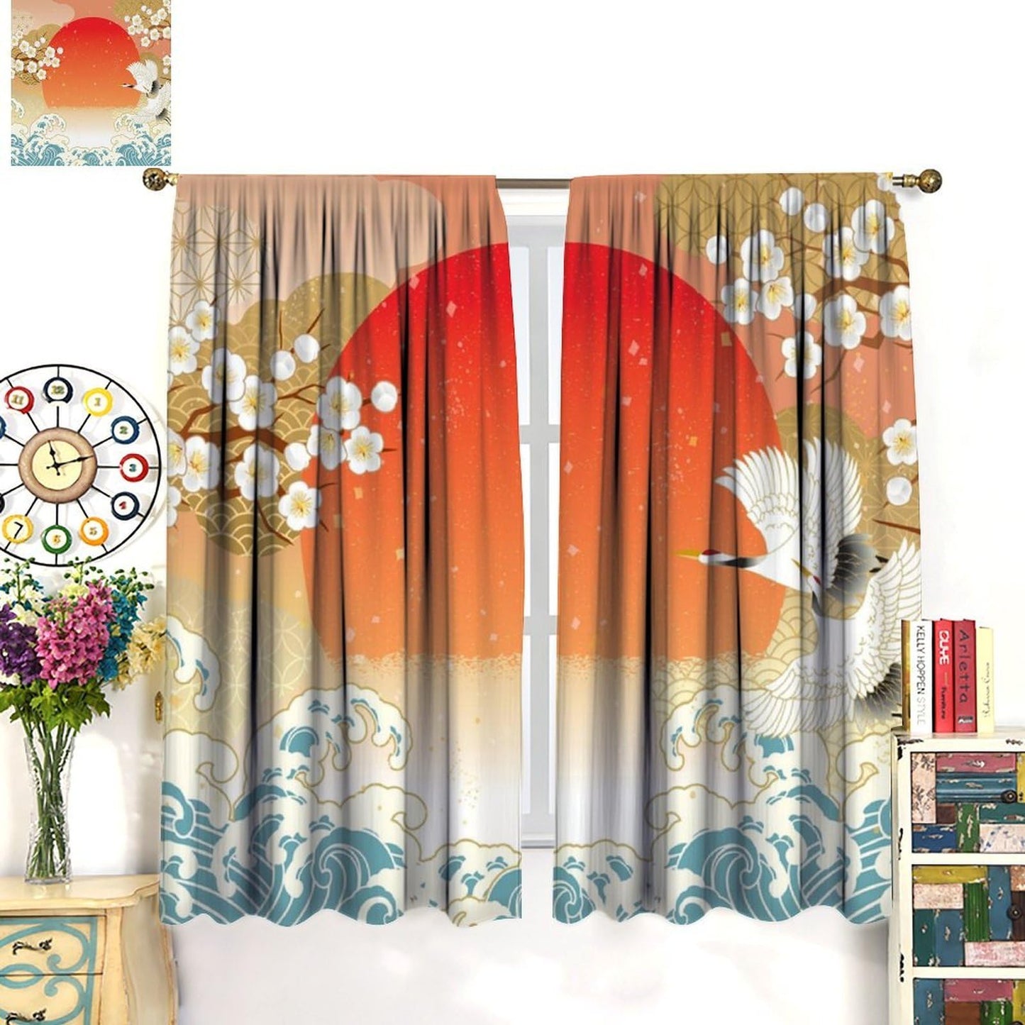 Japanese Floral Crane Curtain, Orange White Plum Blossom Flying Cranes Teal Waves Red Sunset Theme Print Decor Rod Pocket Window Drapes, for Bedroom Living Room 42" W X 45" L