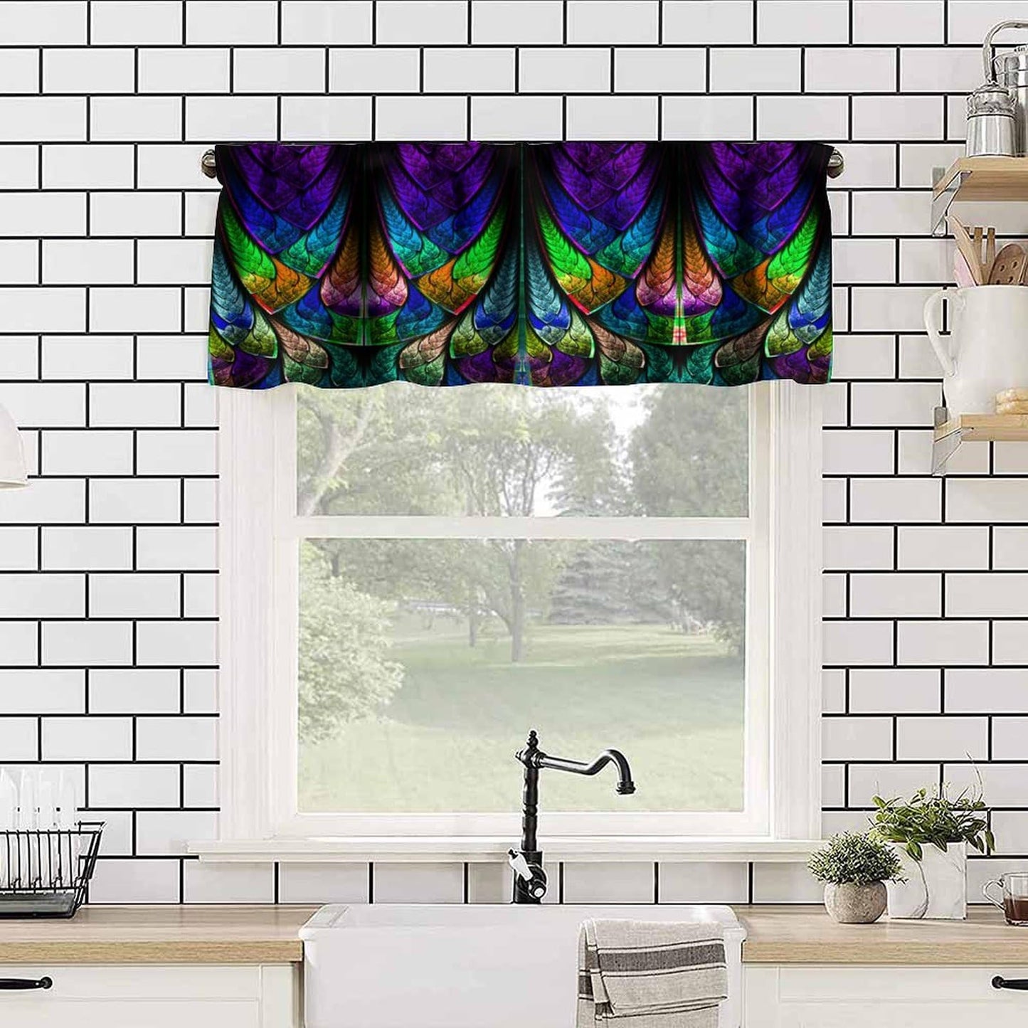 BenYaSong Abstract Window Valance,Fractal Pattern in Stained Glass Style Blackout Window Valance for Home Kitchen Livingroom Coffee Room Window Valance 1 Panel 54x18inch