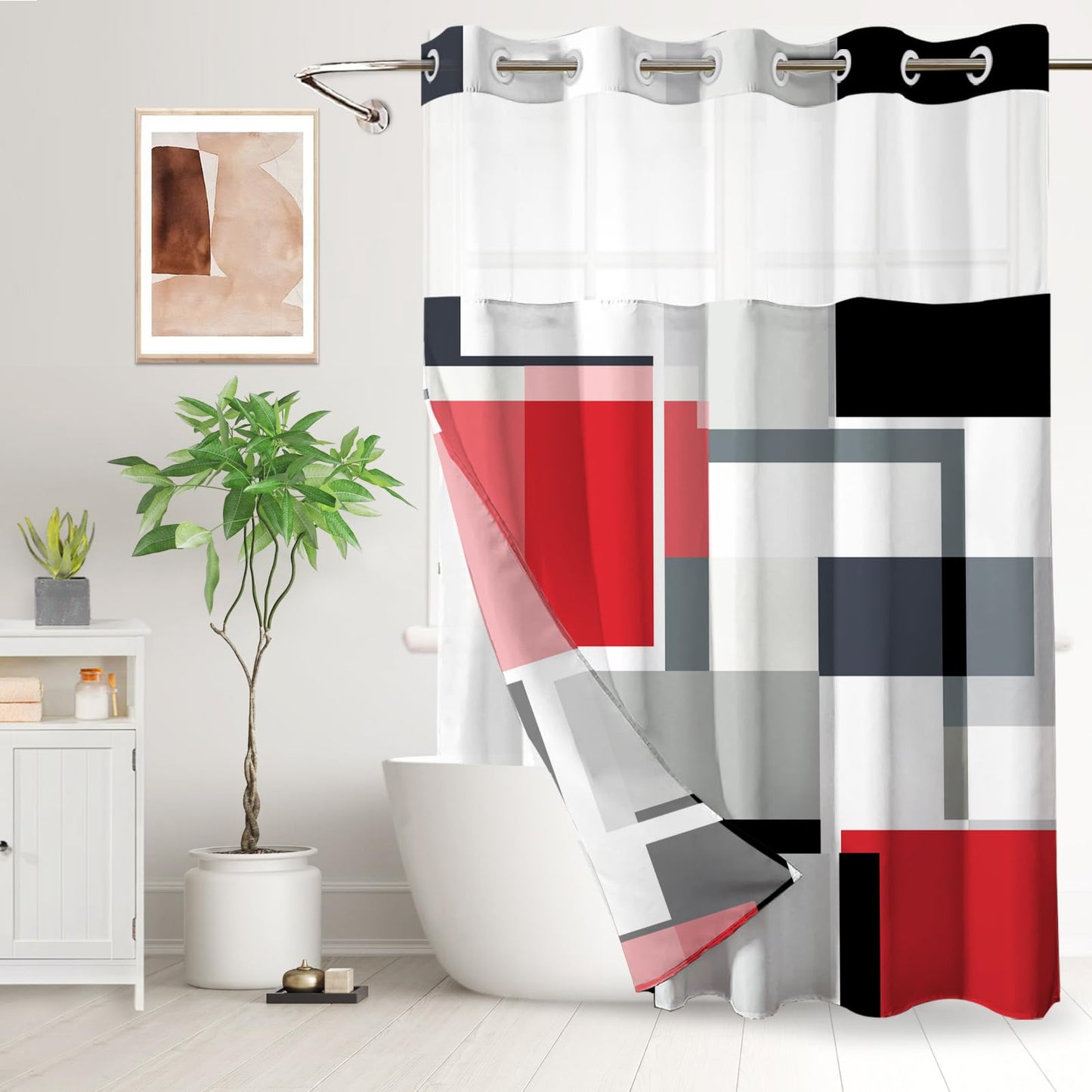 Red Hookless Shower Curtain Set with Snap in Liner, Red Black White Bathroom Decor, 71x74 Inches, Geometric Bathroom Curtain with Liner and See Through Top Window