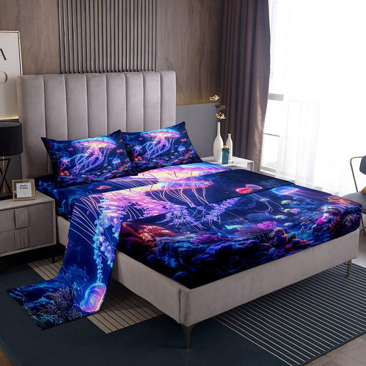 Castle Fairy Jellyfish Bed Sheets Full Size,Ocean Animals Bedding Set 4Pcs for Kids Boys Girls Room Decor,Trippy Blue Purple Fitted Sheet Colorful Stars Dot Print Top Flat Sheet,2 Pillowcases