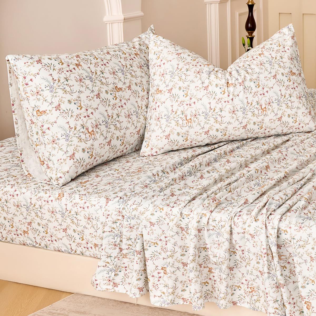 Huborise Orange Queen Sheet Set 400TC 100% Cotton Flannel-Like Warm Luxury Animal & Floral Bed Sheets 4Pc Deep Pocket 17.5", Double Brushed Extra Soft Breathable, Fall/Winter French Country Bedding