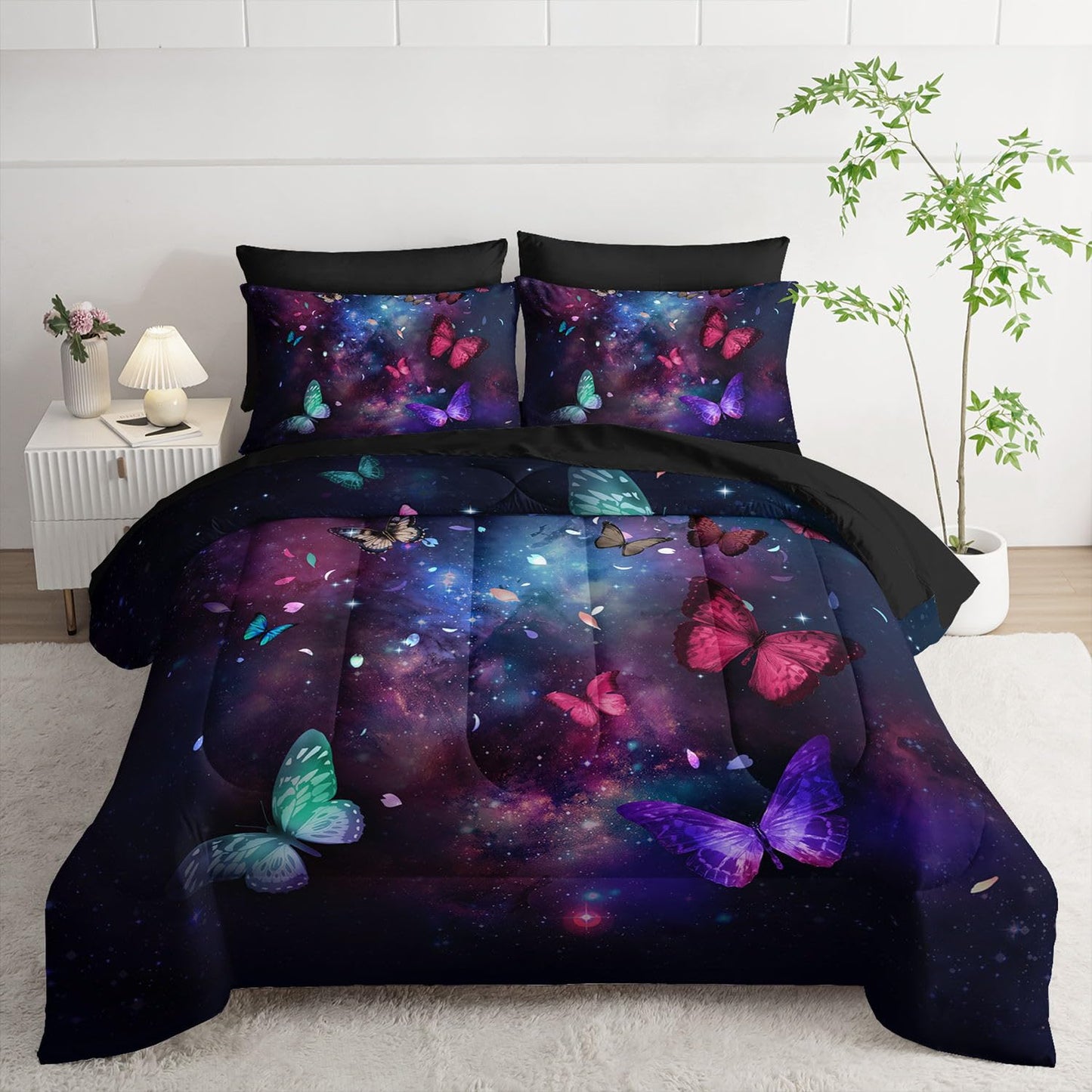 Smell Sunshine 7pcs Animals Comforter Set Purple Blue Dreamy Butterfly Printed Bedding Set with 1 Comforter, 1 Flat Sheet, 1 Fitted Sheet and 4 Pillowcases for Boys and Girls Bedroom (Twin