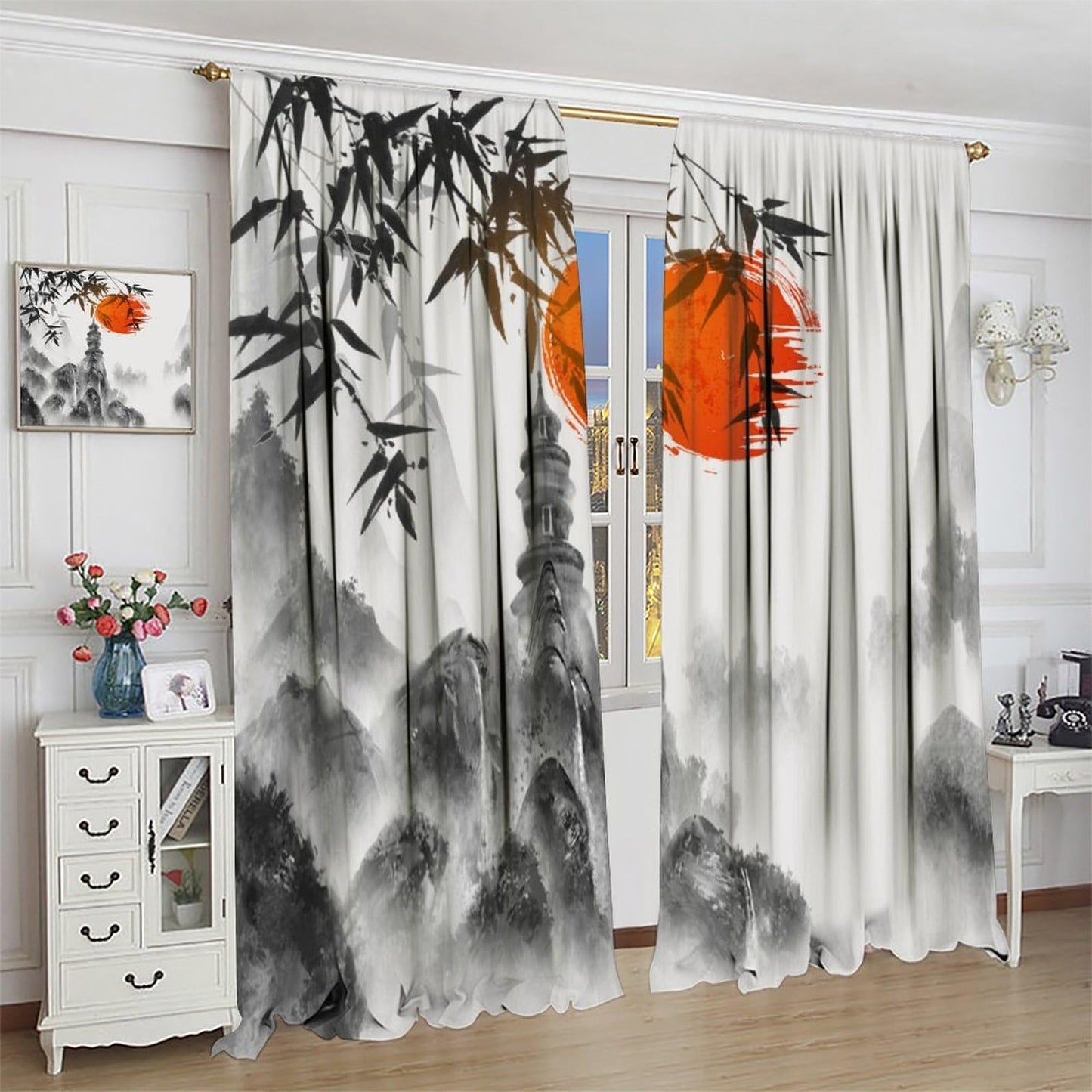Japanese Curtain,Ink Painting Red Sun Sunset Bamboo Leaves Window Treatment Curtains Cloth Farbicr Dining Room Cafe Living Room Bedroom Kitchen Office Drapes Decor,42x45 in