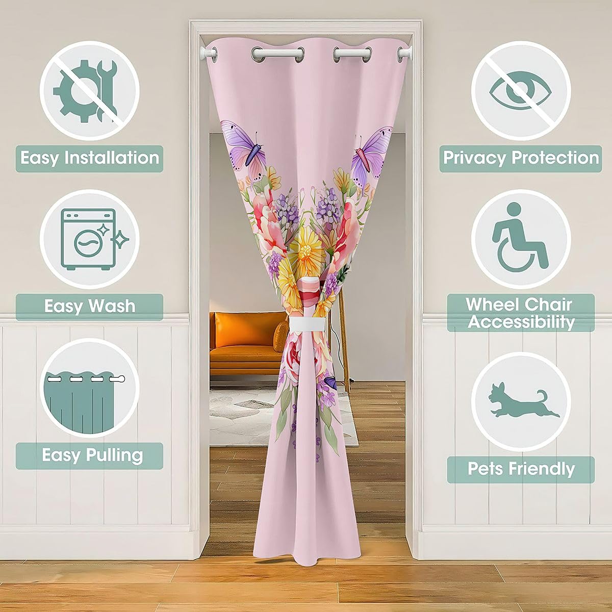 jejeloiu Bow Flower Door Curtain for Doorway Privacy Pink Bowknot Closet Cover Floral Princess Style Room Divider Curtain 42" x 84" Bedroom Living Room Window Treatments