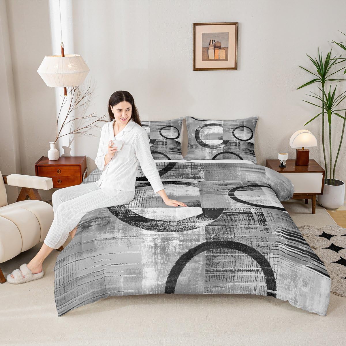 Feelyou Abstract Kids Comforter Set Full Size Modern Abstract Art Bedding Set Geometric Duvet Quilt for Kids Boys Girls Bedroom Luxury Decor Gray Ultra Soft