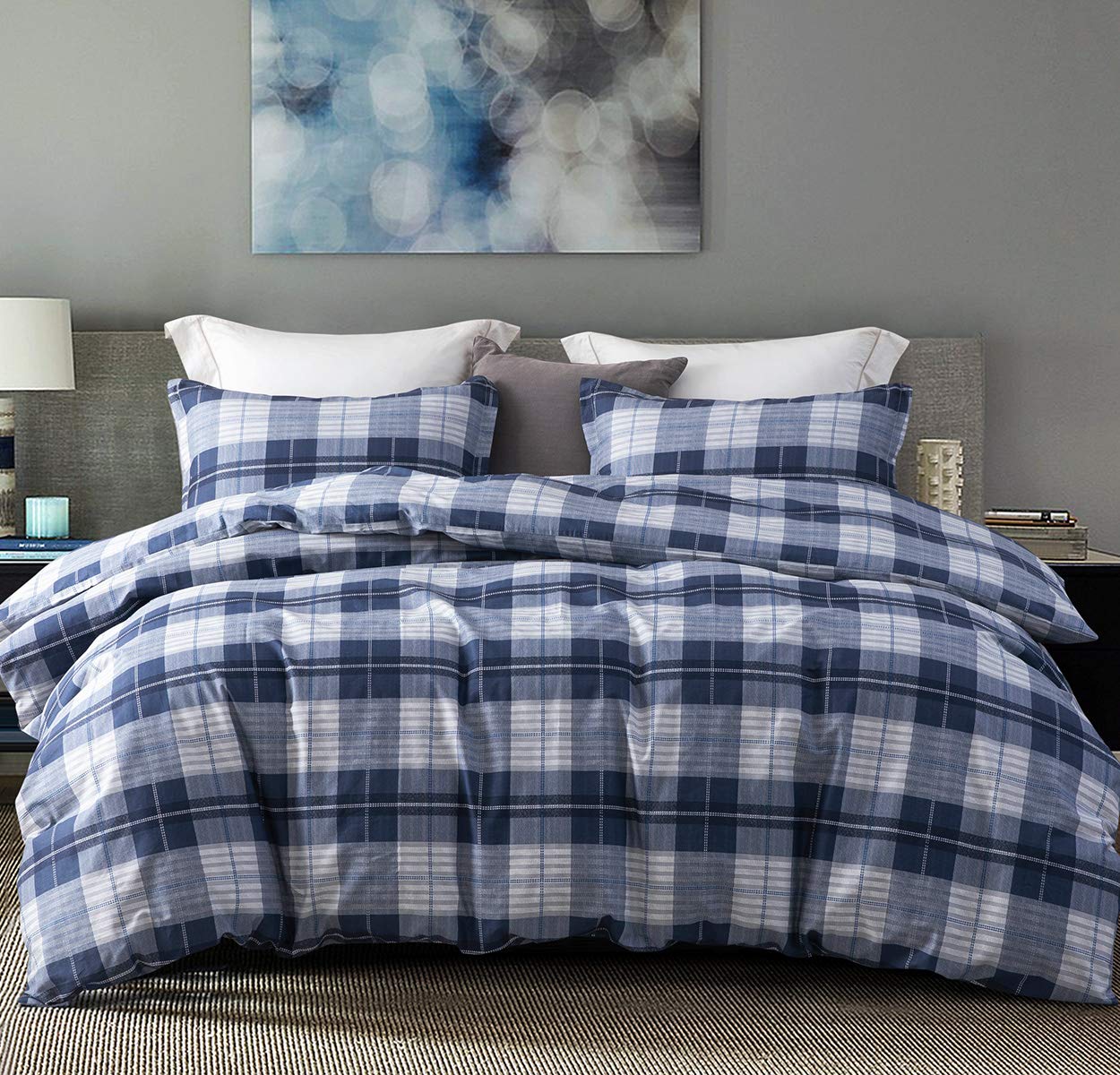 SLEEPBELLA Comforter King Size, 600 Thread Count Cotton Navy Blue & Grey Buffalo Pattern Blue Plaid Comforter Sets,Down Alternative Bedding Set 3Pcs (King, Navy Plaid)