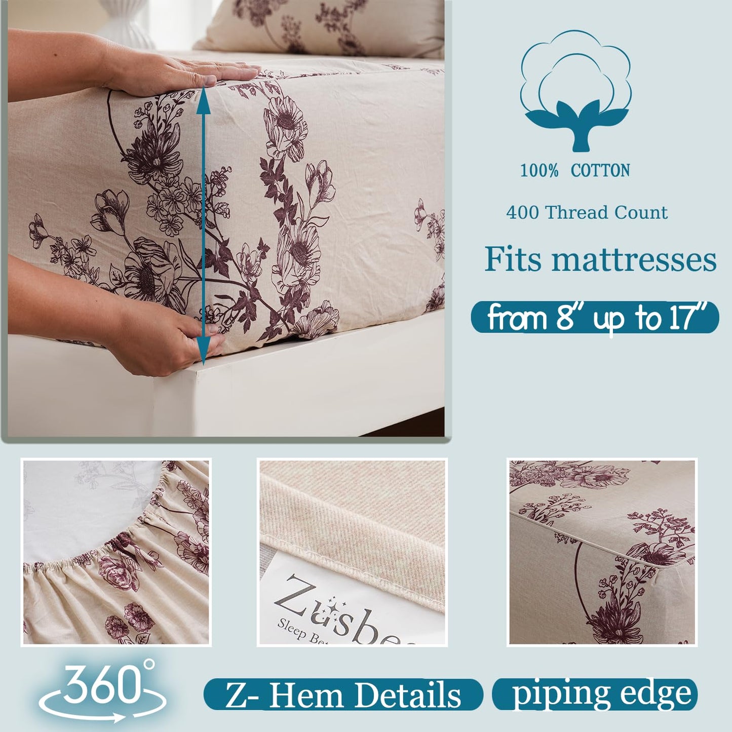 Zusbest Queen Sheet Set 100% Percale Cotton Red Floral Bed Sheet Set, Brushed for Extra Softness, Luxury Toile Flannel Like Sheets Shabby Vintage Flower Print Deep Pocket Sheets 17.5'' 4 Pcs