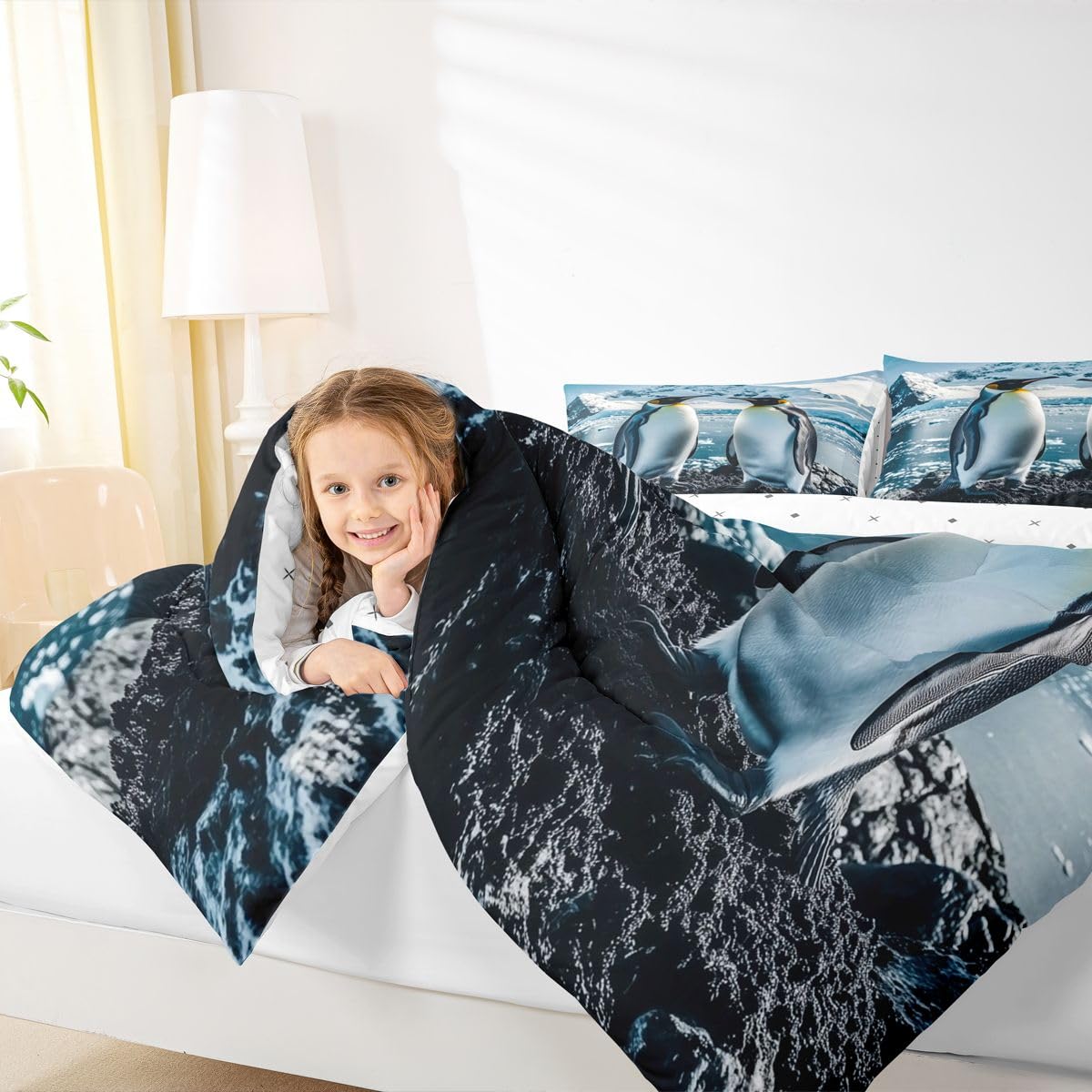Erosebridal Penguin Bedding Set Queen Black White Penguins Comforter Set for Kids Boys Girls Cute Antarctica Animal Theme Down Comforter,Glacier Snow Quilt Duvet