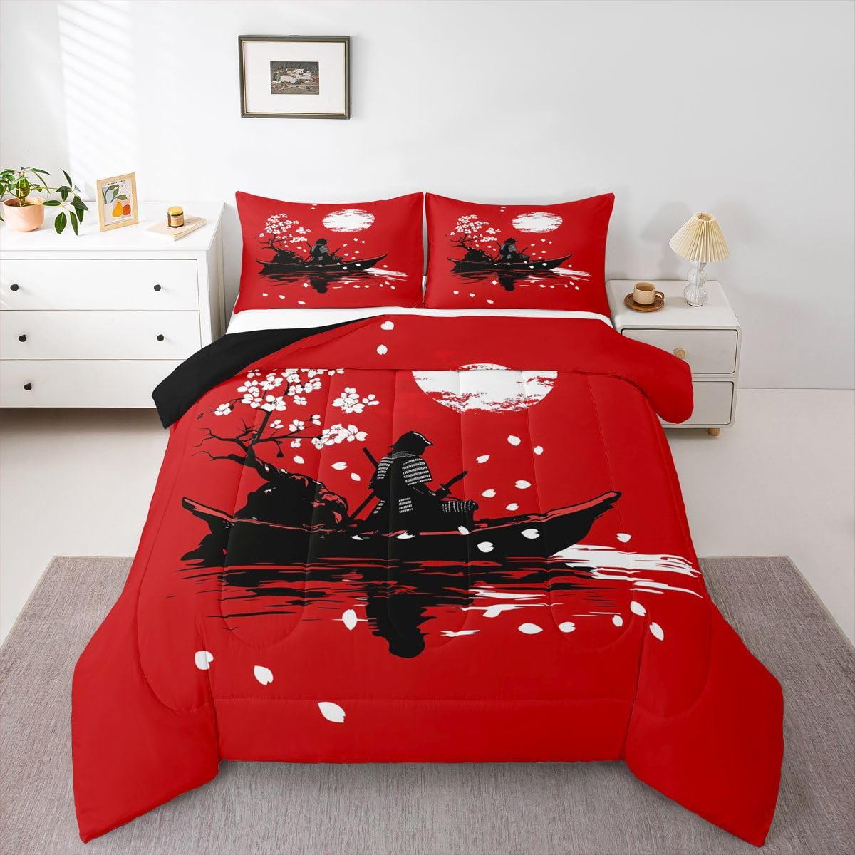 jejeloiu Japanese Samurai Comforter Set All Season Cherry Blossom Bedding Set with 2 Pillow Cases Red Sun Microfiber Kids Queen Bedclothes Japanese Ukiyoe Bedroom Decor Duvet Quilt Breathable Soft