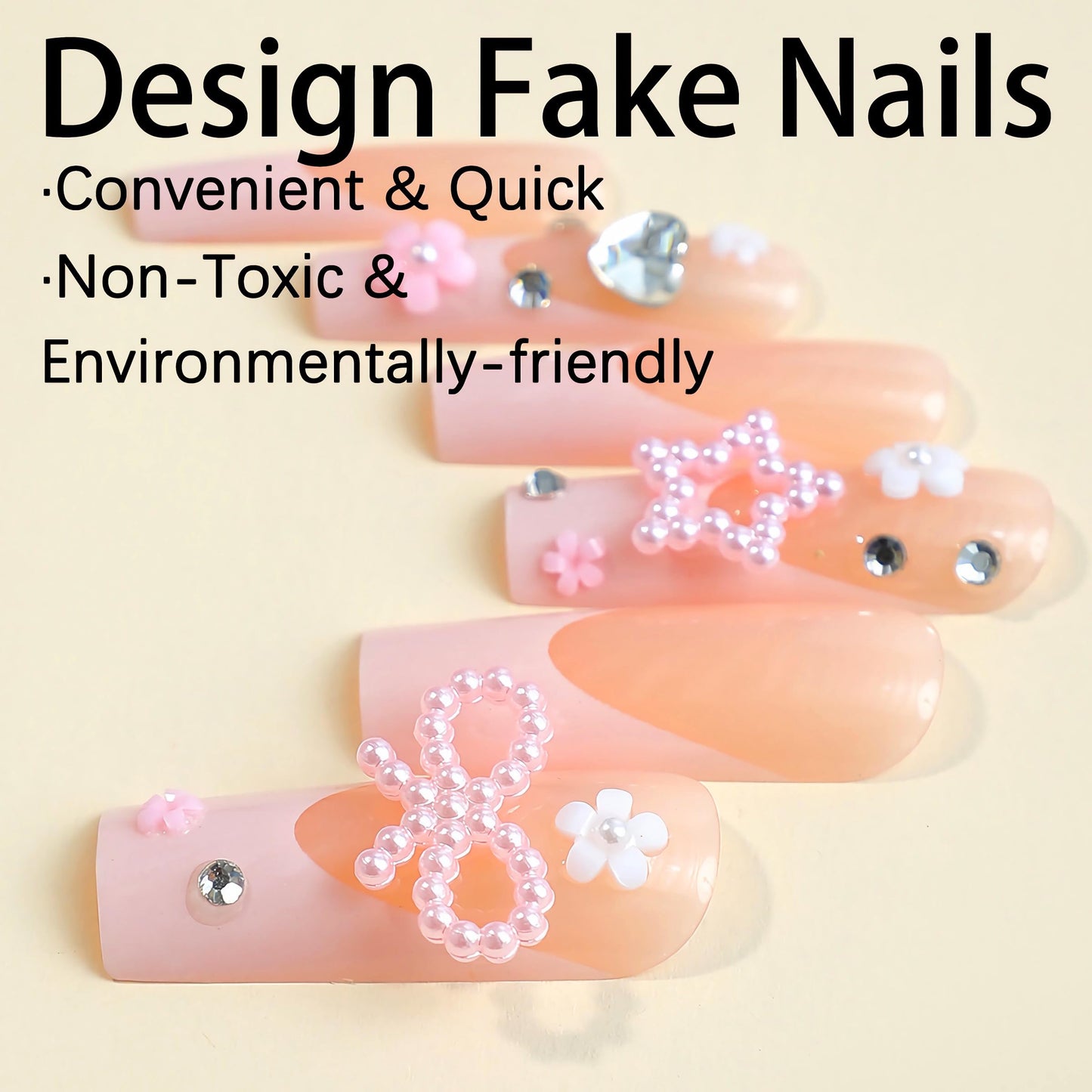 BABALAL Long Square Press on Nails - Pink French Tip Fake Nails, 3D Pearl Bow Heart Charm Acrylic Nails for Valentines Day, 24Pcs