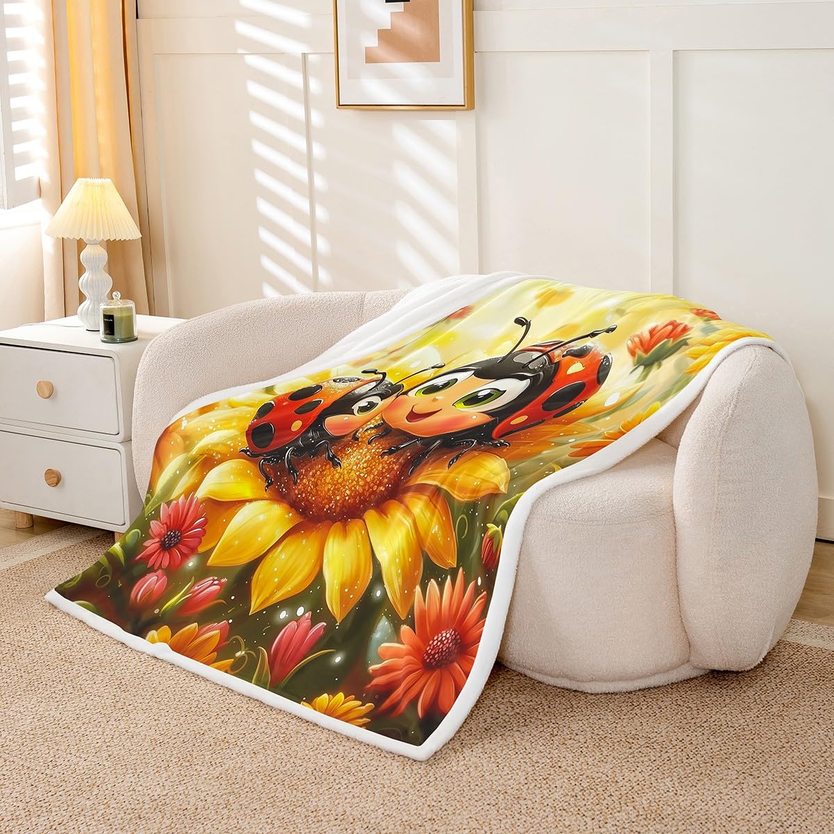 Erosebridal Ladybugs Throw 50"X60" Fleece Blankets Cute Cartoon Ladybird Throw Bed Blanket Yellow Sunflowers Reptile Sherpa Blankets for Kids Boys Girls,Watercolor Floral Plants Fuzzy Blanket
