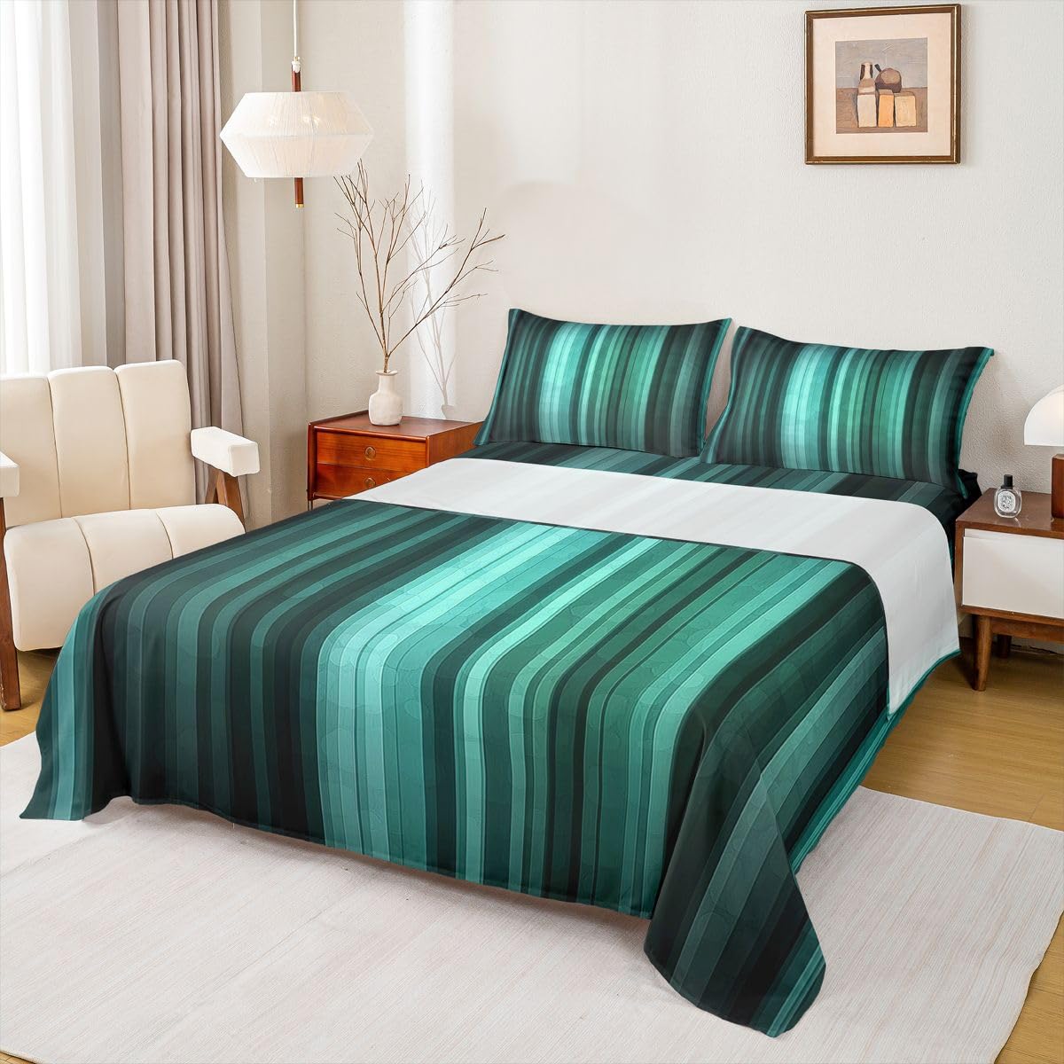 jejeloiu Modern Striped Bed Sheets Set Full Size Geometric Bed Set Black Teal Deep Pocket Fitted Sheet Gradien Breathable Soft Lightweight Microfiber