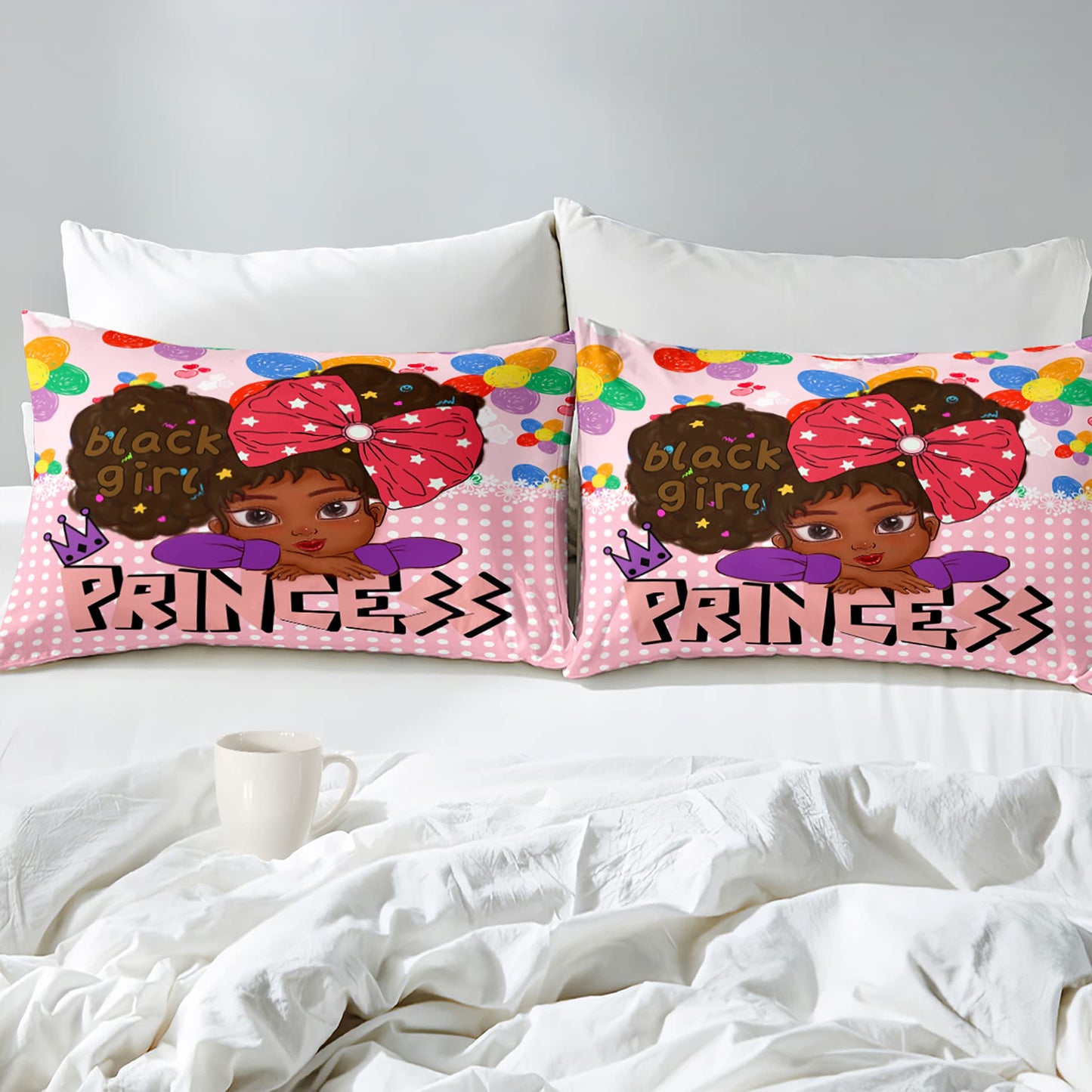 Jiospet Black Girl Full Size Comforter Sets for Girls, African Full Girls Room Cute Full Set Pink Princess Full Bedding Set, Full (1 2 Pillowcases)