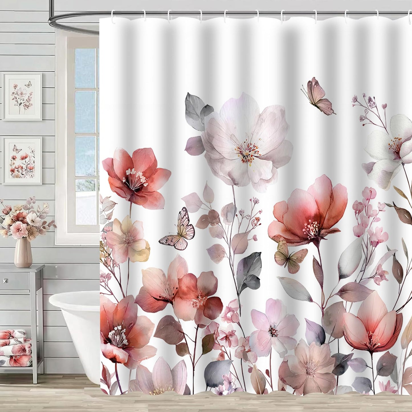 ZCHOMI Pink Red Floral Shower Curtain Watercolor Flower Leaves Butterfly Elegant Bathroom Curtains Waterproof Polyester Fabric Bath Curtain 72 x 72 Inch with 12 Hooks