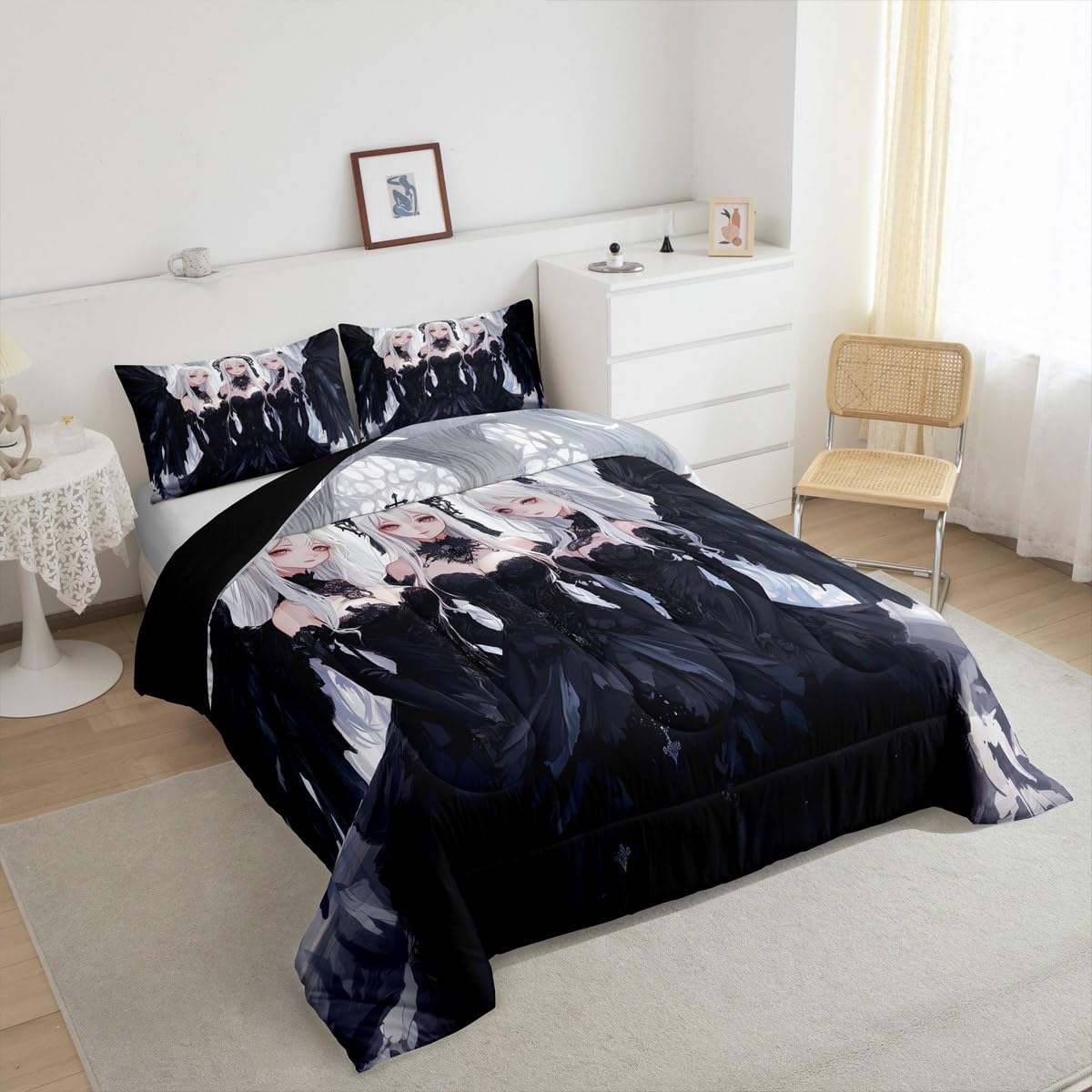 Erosebridal Japanese Anime Full Size Comforter Set, Anime Girl Bedding Set Kawaii Japanese Style Quilt Cartoon Japan Animation Duvet Insert for Boys Teens Adult Women Bedroom Decor, Black