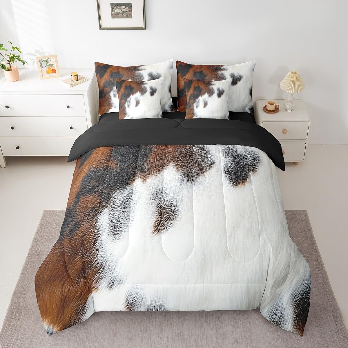 Erosebridal Cowhide Teens Comforter Set 7 Piece Western Cow Print Bedding Set King Size Bull Cattle Skin Bed in A Bag for Kids Boys Adult Bedroom Farmhouse Animal Hair Sheets