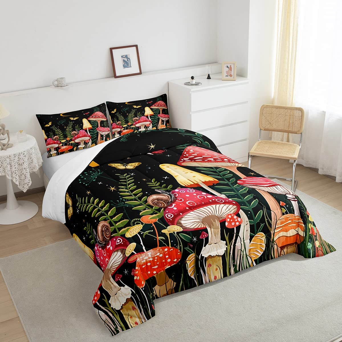 Feelyou Kids Mushroom Bedding Set Natural Wild Fungus Comforter Set for Kids Boys Girls Botanical Plants Duvet Set Butterfly Comforter 1 Comforter Set with 2 Pillowcases Full Size