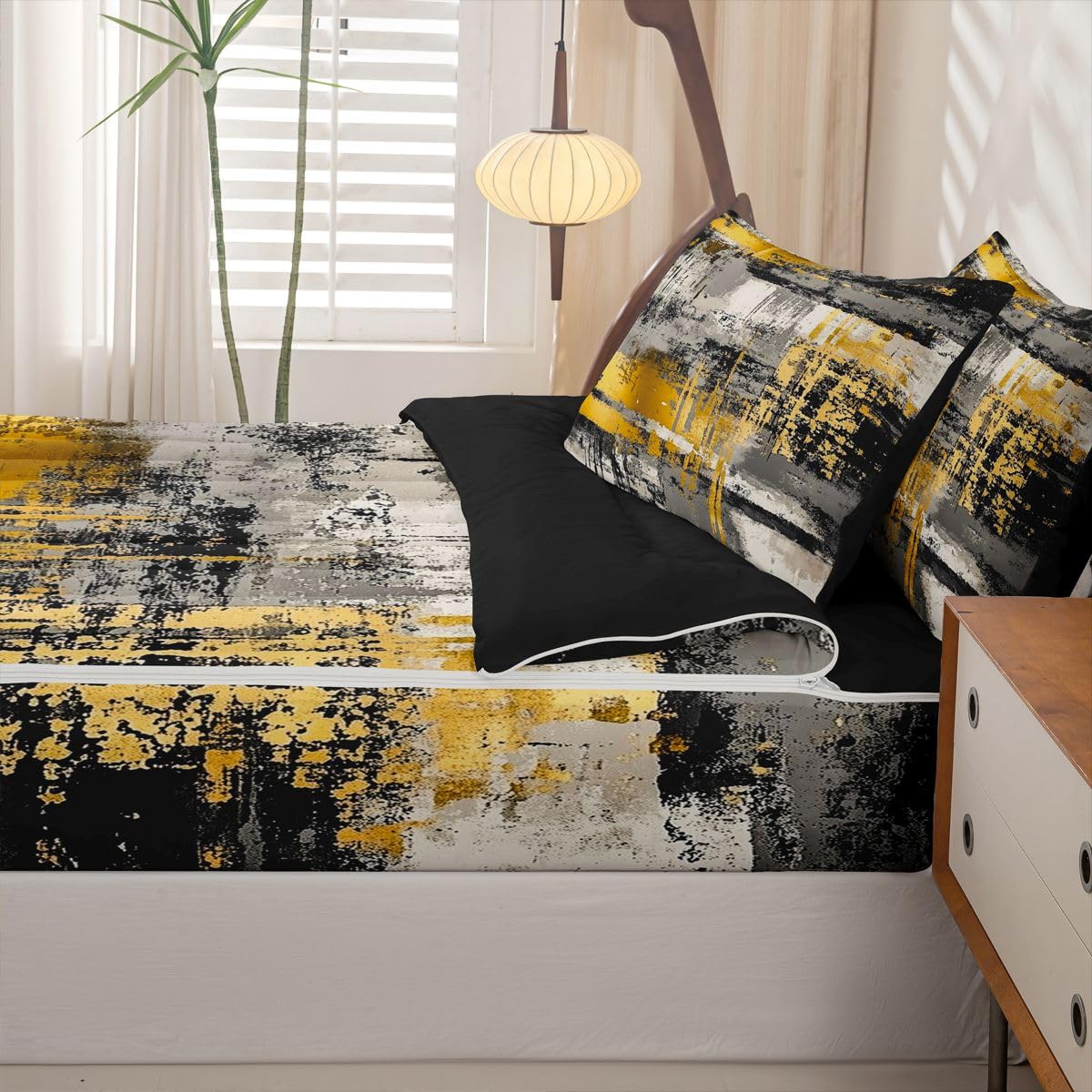 jejeloiu Abstract Zipper Bedding for Kids Modern Art Style Full Comforter Set with Fitted Sheet 2 Pillowcases Retro Bed in a Bag Soft Lightweight Microfiber