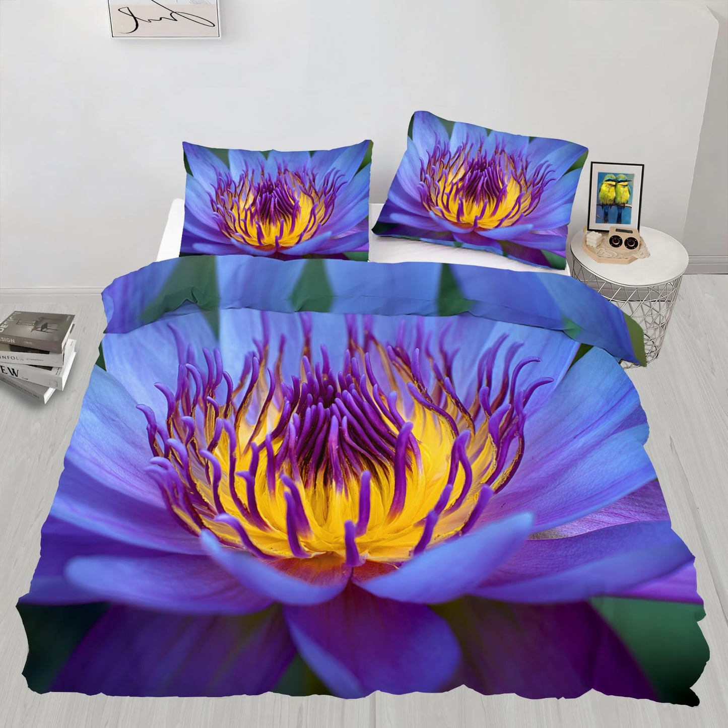 Floral Duvet Cover Full Size, Purple Flower Comforter Cover 80" x 90" & 2 Pillowcases, Elegant Country Flowers Bedding Set with Zipper Ties