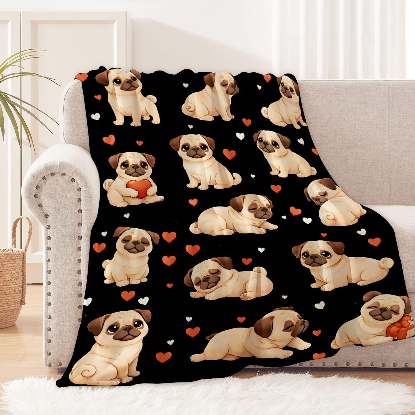 cromcu Cute Pug Blanket for Women Wife Girls, Adorable Dog Heart Flannel Blankets, Valentine Birthday Gifts, Black Soft Warm Cozy Throws for Sofa Couch Bed Living Room Bedroom Home Decor 60" x 50"