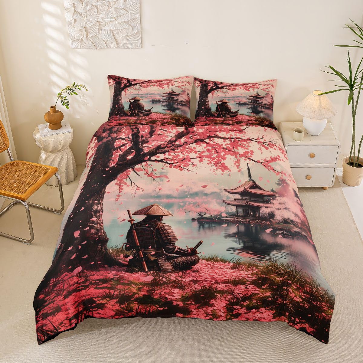 jejeloiu Samurai Duvet Cover Full Size Japan Style Comforter Cover for Boys Girls Cherry Blossoms Bedding Set 3Pcs Japanese Ukiyoe Room Decor