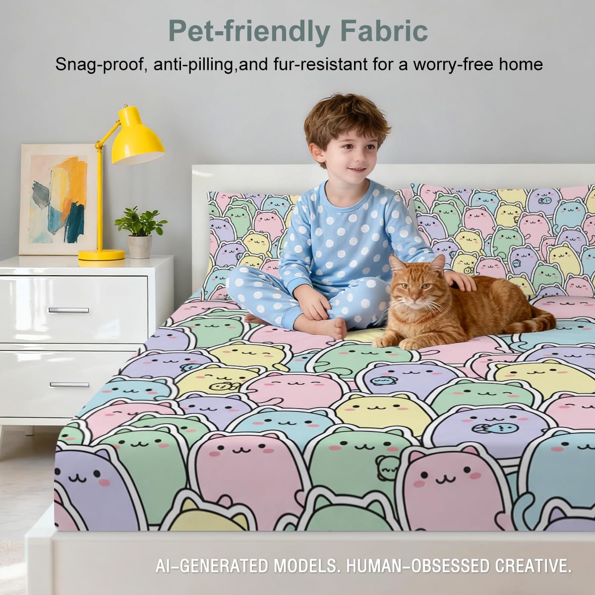 ARIGHTEX Cute Cat Fitted Sheet Set Twin Size, 3 Pieces Soft Kawaii Companion Bedding for Relaxing Sleep, Pastel Cartoon Kitty Microfiber Deep Pocket Bed Sheets with 2 Pillowcases (No Flat Sheet)