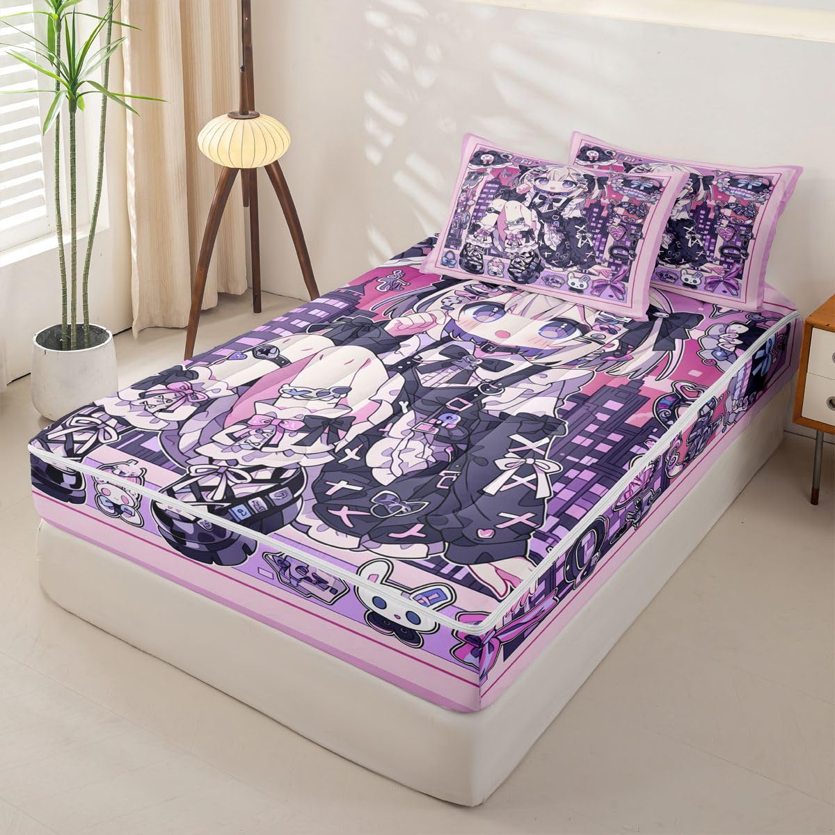 Erosebridal Japanese Uniform Girl Kids Comforter Set with Zipper, Anime Gift Twin Size Zipper Bedding Set, Kawaii Coquette Bed-in-A-Bag