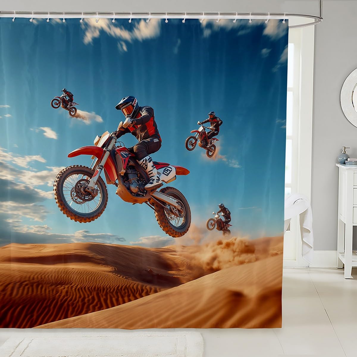Feelyou Dirt Bike Shower Curtain 72"x84" Racing Themed Bath Curtain Waterproof Racing Motocross Rider Bathroom Shower Curtain Set For Kids Boys Girls Extreme Sports Kids Bathroom Accessories Motorbike