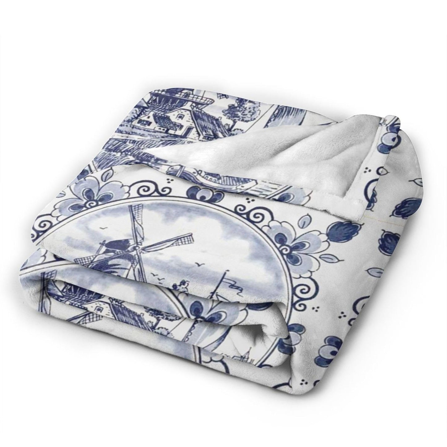 Nederland Cute Vintage Dutch Windmill Delft Blue Blanket Super Soft Flannel Blanket Comfy Cozy Throw Blanket Couch Lightweight Blankets for Living Room Bedroom 80"x60"