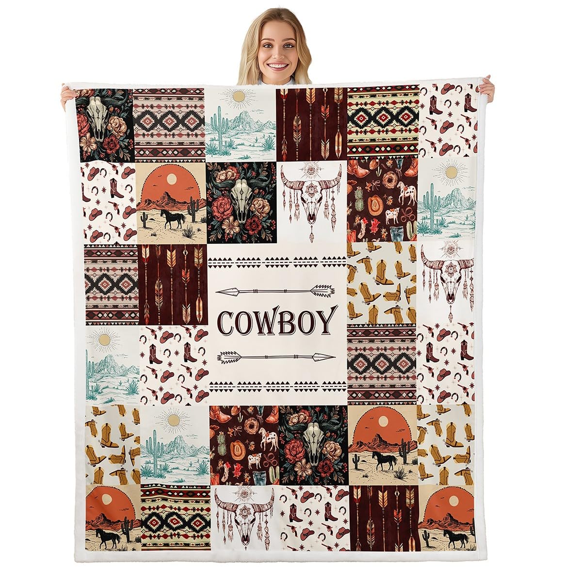 Erosebridal Western Cowboy Fleece Blanket Highland Cow Skull Sherpa Blanket 90"x90", Southwestern Decor Cowgirl Longhorn Bull Farm Animals Fuzzy Plush Throw