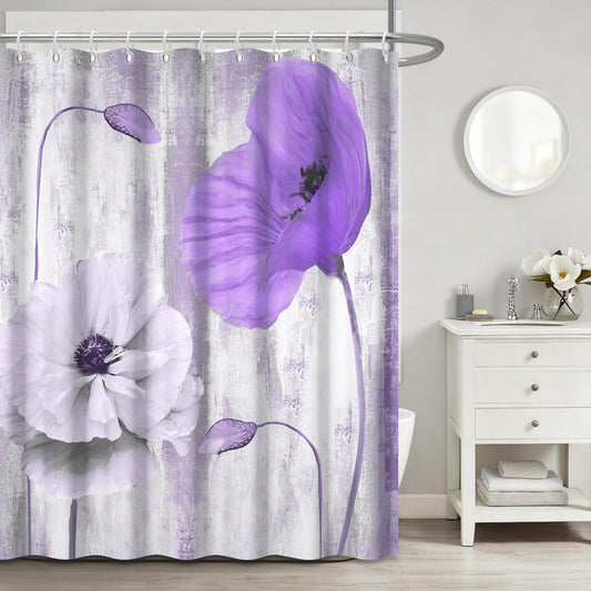GICDSU Purple Floral Shower Curtain, Boho Farmhouse Flower Shower Curtains for Bathroom, Watercolor Turquoise Poppy Shower Curtains, Washable Fabric Bathroom Curtains with Hooks, 72x72 Inches