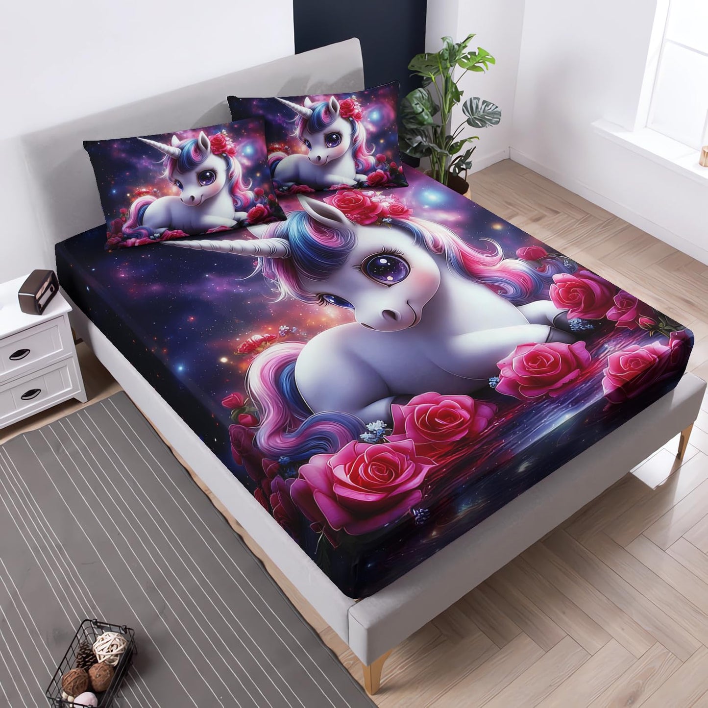 UEVBF Girls Unicorn Twin Size Bedding Set,Red Rose Flowers Fitted Sheet Set for Kids Teens Room Decor,Romantic Starry Sky Galaxy Cute Bedding Sets,1 Fitted Sheet+2 Pillowcases.