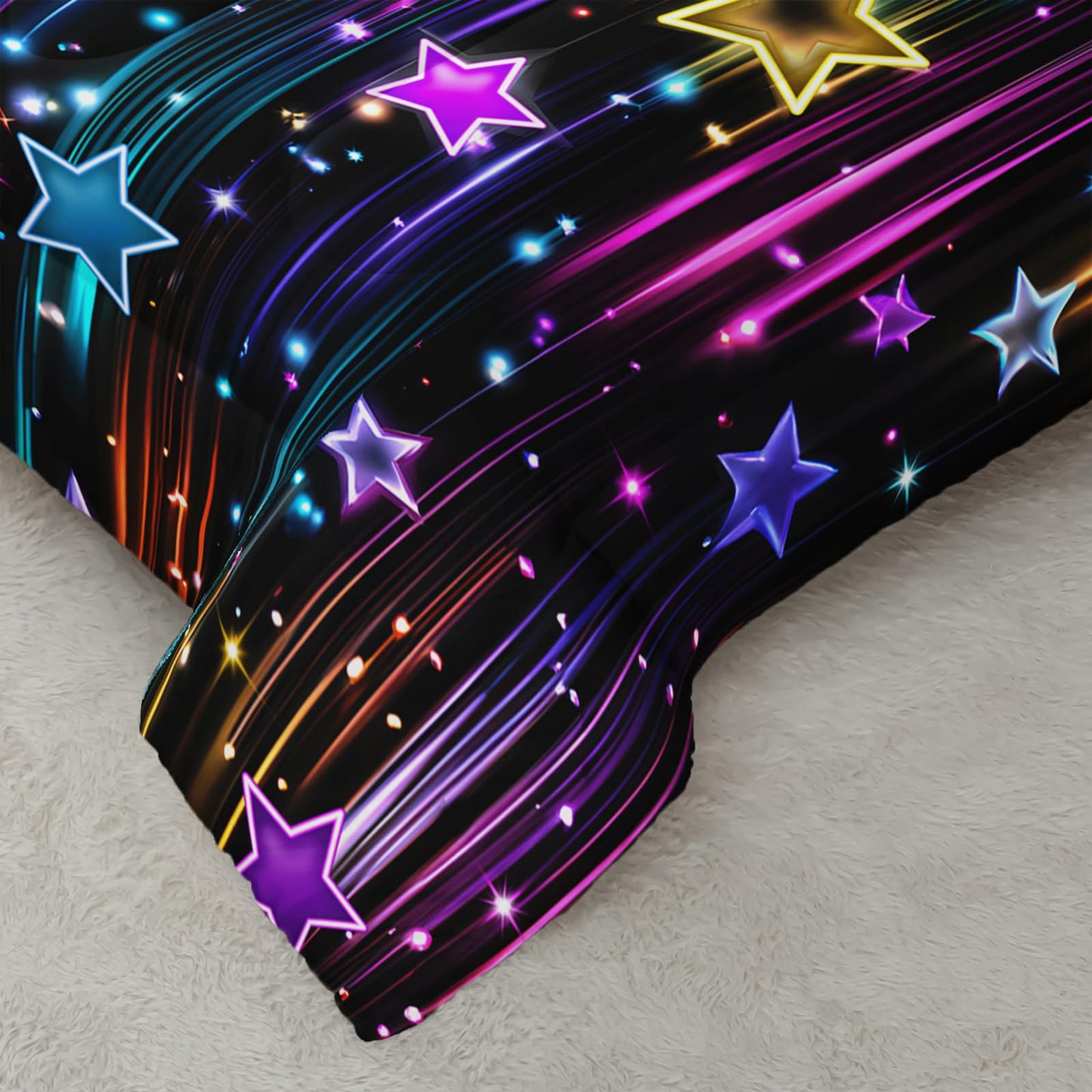 QOOMO 3Pcs Galaxy Comforter Set Twin,Glitter Star Bedding Set for Teens Boys Girls,Neon Stripes Printed Comforter with 2 Pillowcases,Down Alternative,Soft and Lightweight
