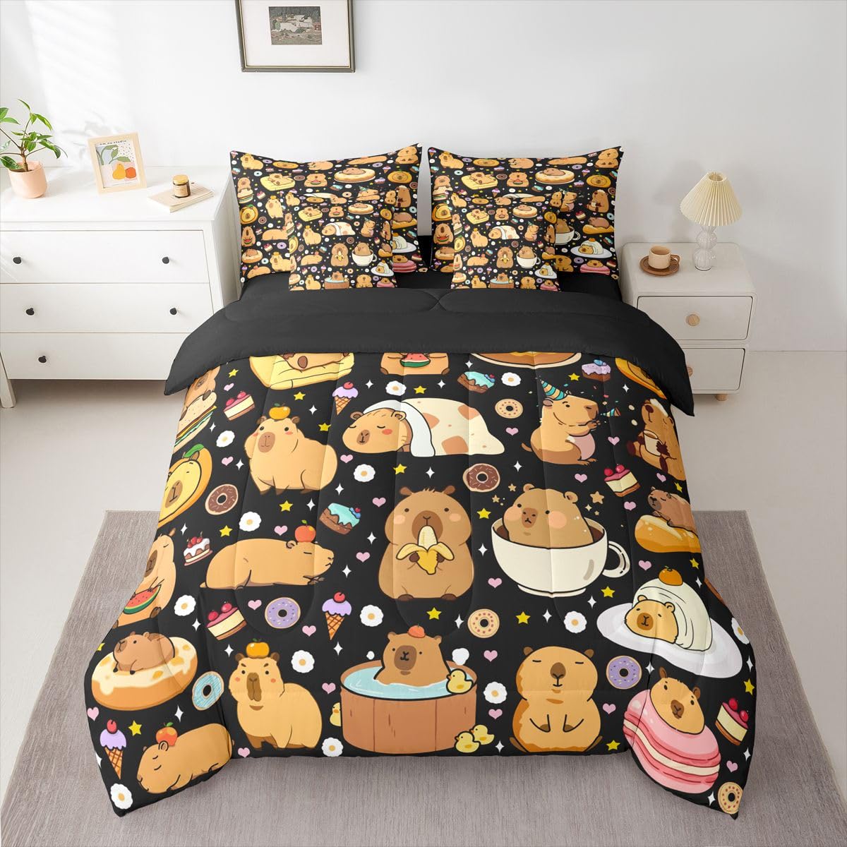 Funny Capybaras 7 Pieces Bedding Set Twin Size,Capybara Lover Bed in a Bag,Cute Rodent Animal Bed Set Includes Comforter,Sheet Set,Pillowcases & Pillow Covers,Kawaii Animals Yummy Foods Bedroom Decor