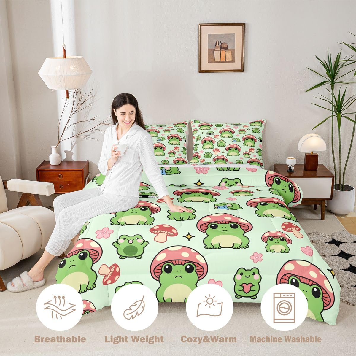 Mushroom Frog Comforter Set Queen Size Cute Mushroom Bedding Set 3pcs for Kids Girls Boys Bedroom Decor Cartoon Animals Plants Quilt Set Pink Green Duvet Insert,2 Pillowcases