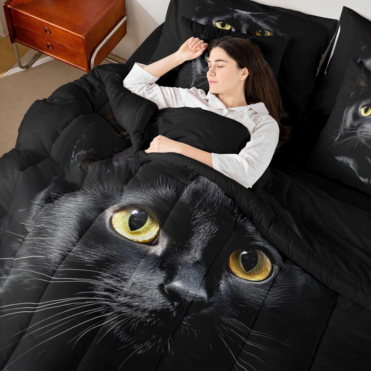 Erosebridal Black Cat 7-Piece Bedding Set Full Size 3D Cat Bed in a Bag for Kids Girls Boys Cats Lover Cute Farmhouse Domestic Pet Animal Comforter Set with Sheets Cute Cats Duvet Insert