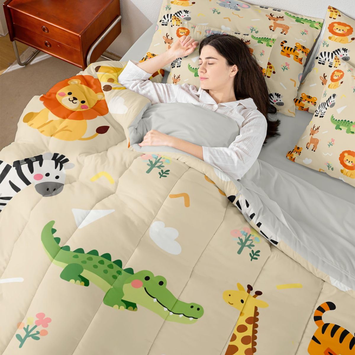 Erosebridal Kids Zoo Animal 7 Piece Comforter Set Twin for Nursery Bedroom | Cute Wild Animals Bedding Set Lion Elephant Crocodile Wildlife Sheets Safari Wild Print Quilt Natural Theme Bed Set