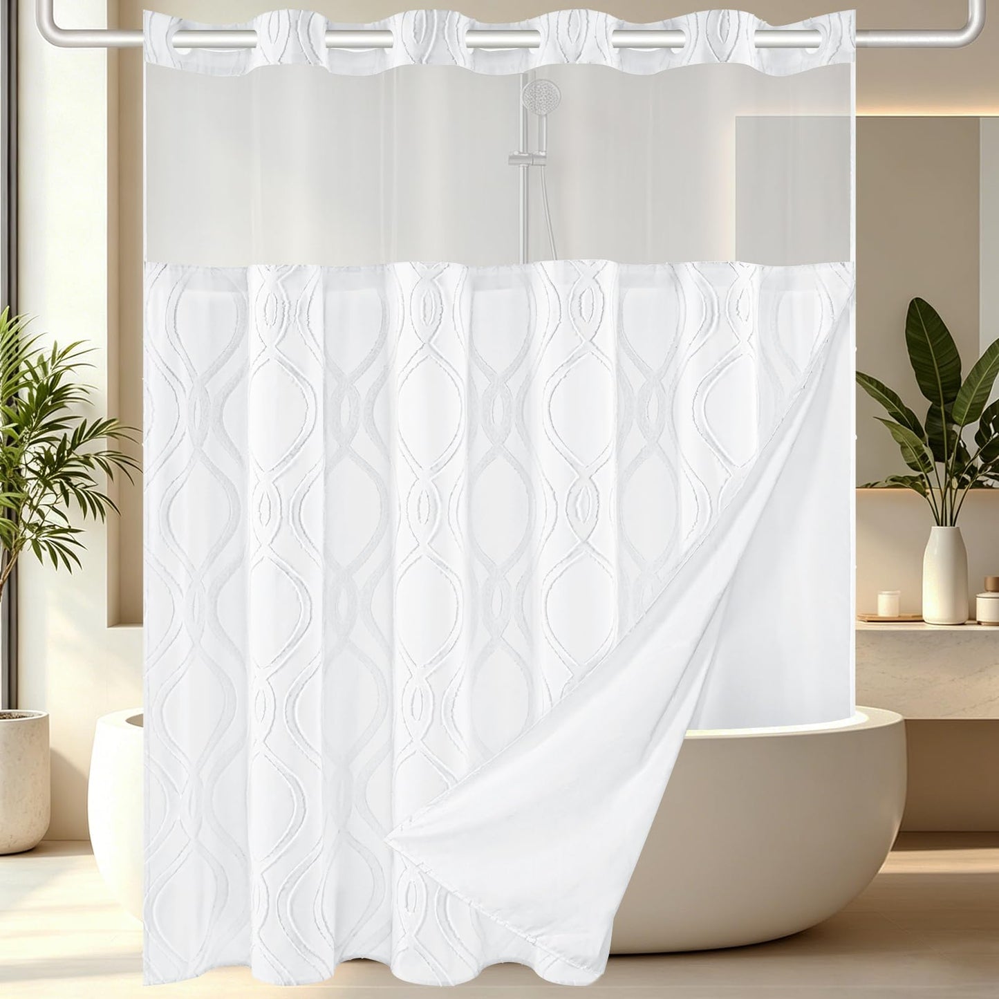 Yinhua No Hook Shower Curtain with Snap in Liner Set, Tufted Waterproof Shower Curtains for Bathroom Washable Bath Curtain Hotel Style Curtains with See Through Top Window, White, 71" W×74" L