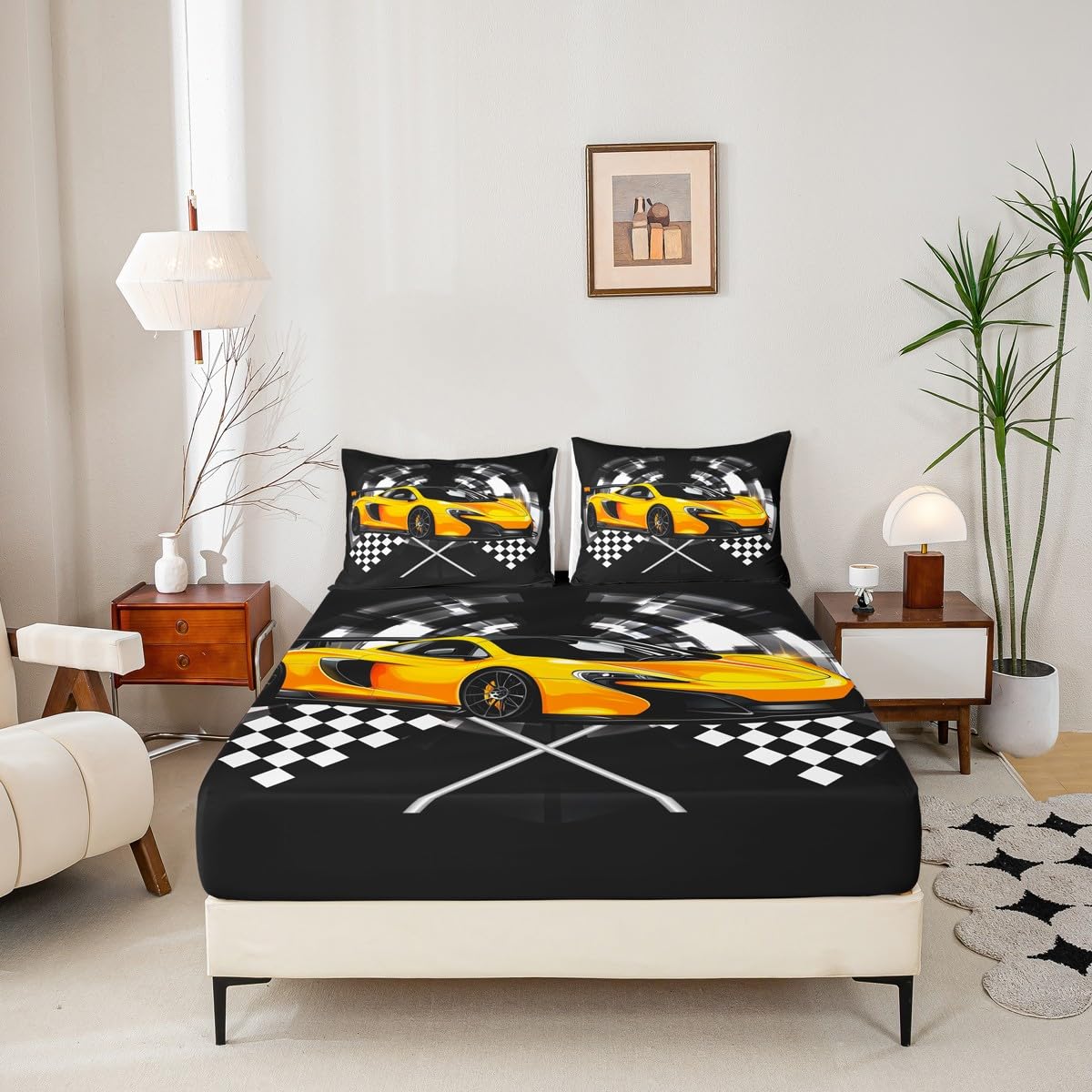 Manfei Yellow Race Car Fitted Sheet Full Size, Black and White Lattice Bed Cover, Extreme Sport Games Bedding Set 3pcs for Kids Teens Boys Man Room Decor,Soft Modern Bed Sheets with 2 Pillowcases