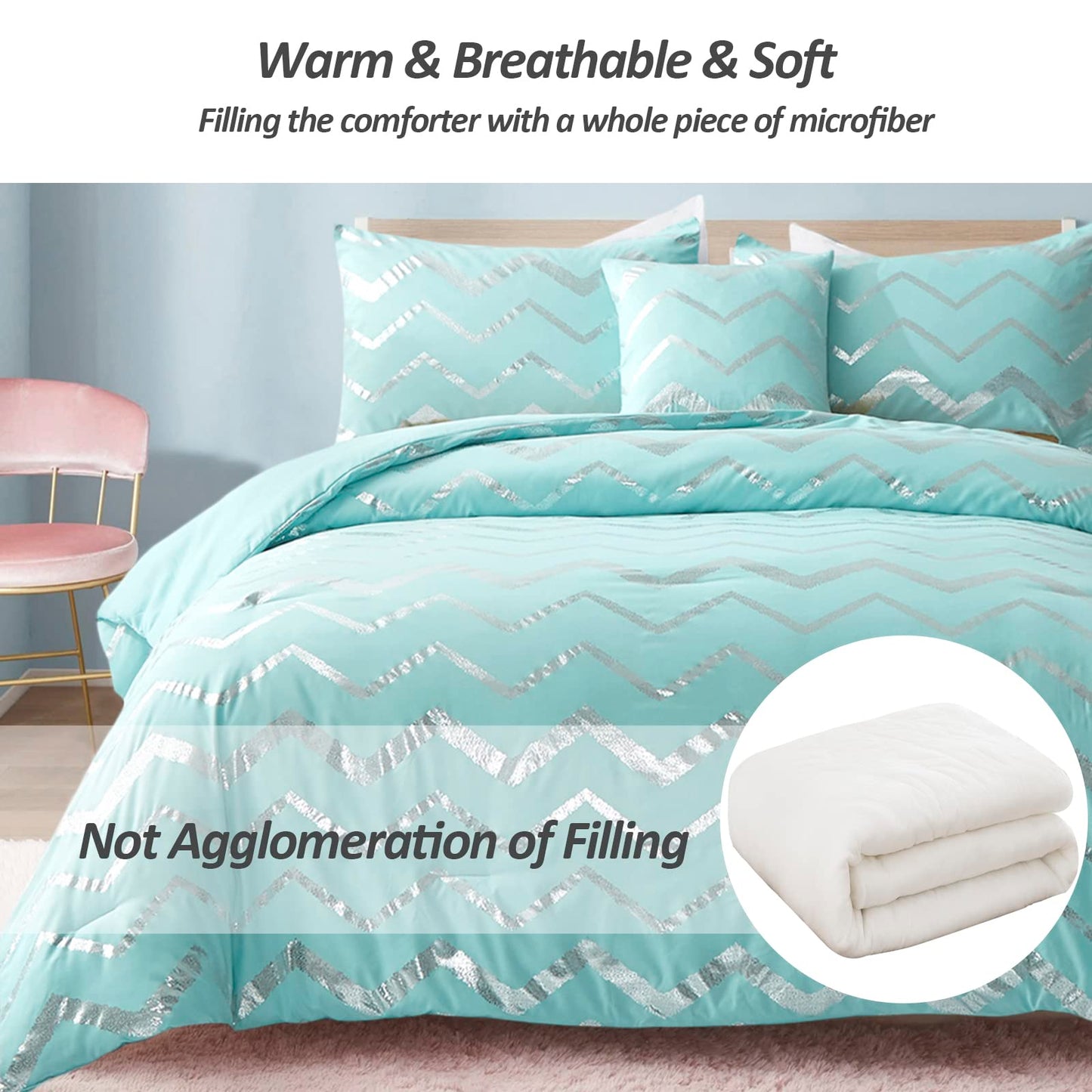 Menghomeus Aqua Comforter Set Twin XL Size Teal and Silver Bed Comforter 3 Piece Lightweight Microfiber Bedding for Teen Girls Boys (2 Pillow Cases + 1 Decorative Pillow Sham)