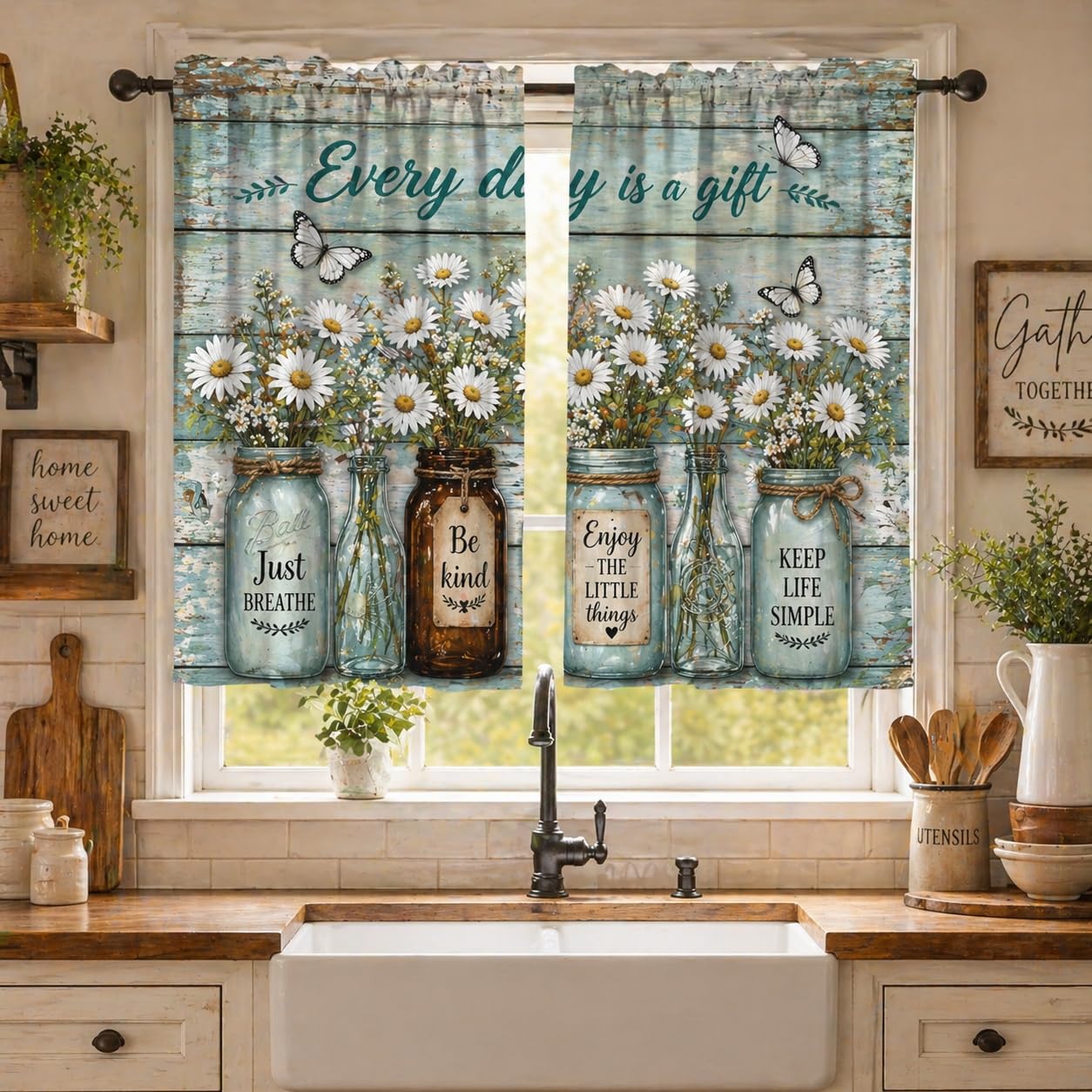 Farmhouse Kitchen Curtains for Windows, Rustic Blue Wood Wildlife Daisy Cafe Curtains Inspirational Quotes Every Day is a Gift Small Window Treatment for Bathroom Laundry Room 2 Panels 21x45 Inch