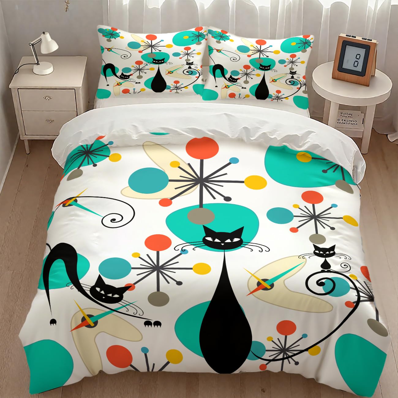 Lnepty Mid Century Cat Bedding Set,Retro Black Cat Atomic Diamond Star Abstract Geometric Minimalist Simple Modern Comforter Set with Pillowcase for Bedroom Bed Decor，Twin 86"x70"